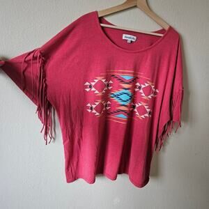 Panhandle Slim Women's Heather Red Aztec Print Fringe Graphic Tee Shirt XXL